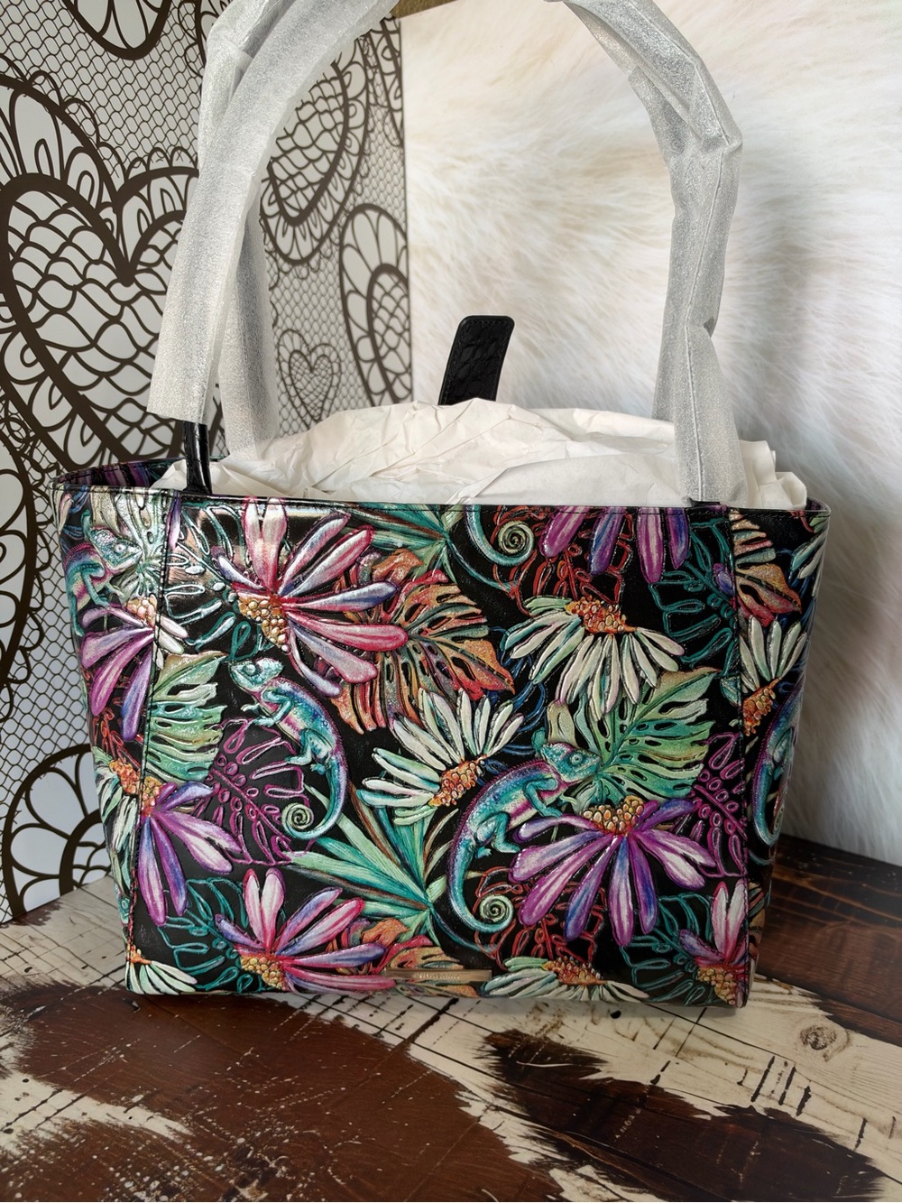 NWT Brahmin Mona Mantra tote Embossed Leather Tote Bag NWT chameleon jungle